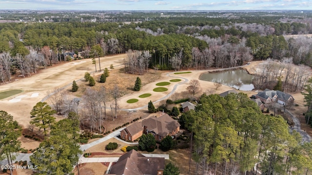 bird's eye view featuring a water view and a wooded view