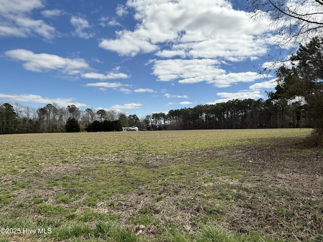 view of landscape featuring a forest view