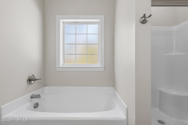 full bath featuring a garden tub, walk in shower, and a wealth of natural light