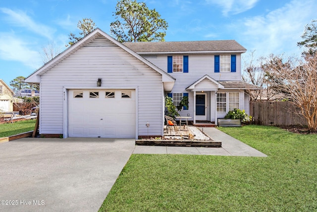 traditional home featuring a shingled roof, concrete driveway, a front yard, fence, and a garage