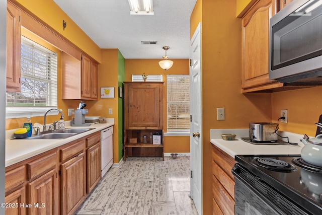 kitchen with a sink, visible vents, light countertops, dishwasher, and stainless steel microwave