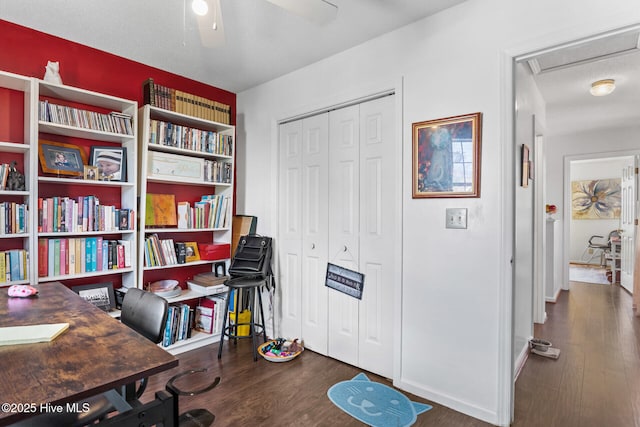 office area with ceiling fan and wood finished floors