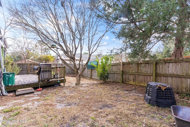 view of yard with a fenced backyard and a wooden deck