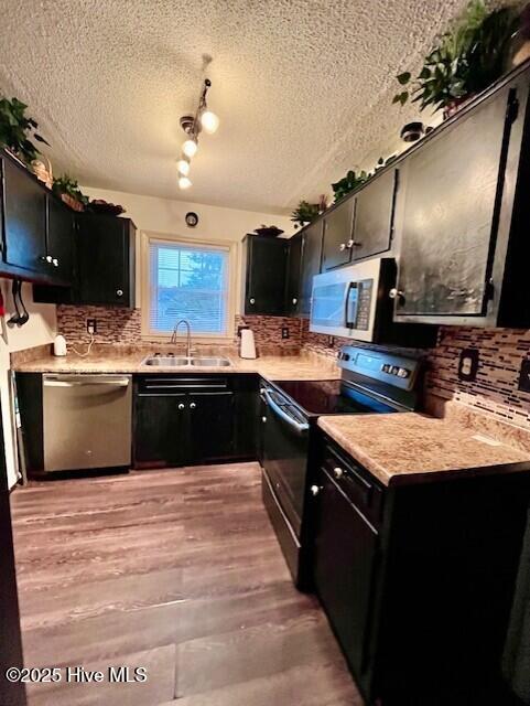 kitchen with stainless steel appliances, decorative backsplash, a sink, and dark cabinets