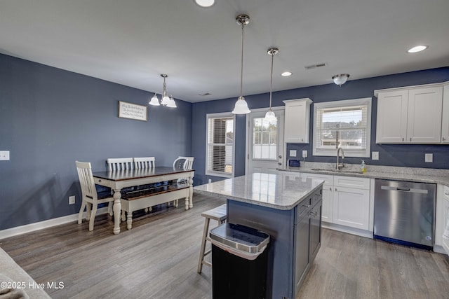 kitchen featuring a sink, visible vents, white cabinets, and stainless steel dishwasher