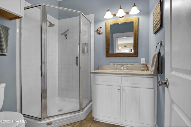 full bathroom featuring tile patterned flooring, a stall shower, toilet, and vanity