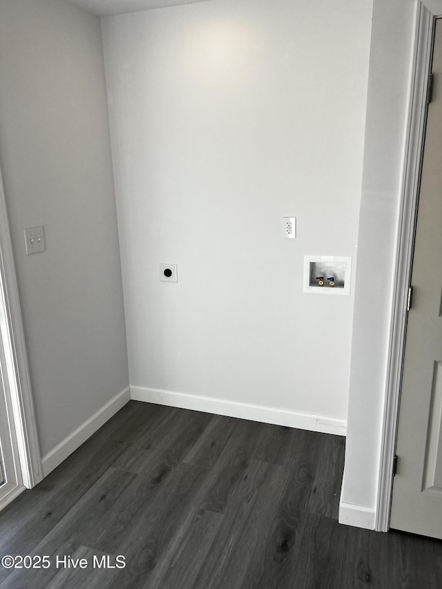 laundry room with washer hookup, dark wood finished floors, electric dryer hookup, and baseboards