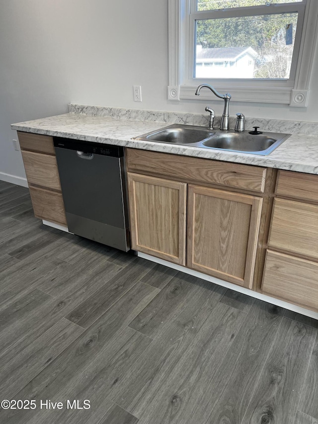 kitchen with dark wood-style floors, a sink, and stainless steel dishwasher