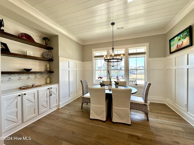 dining room featuring visible vents, a decorative wall, and dark wood-type flooring