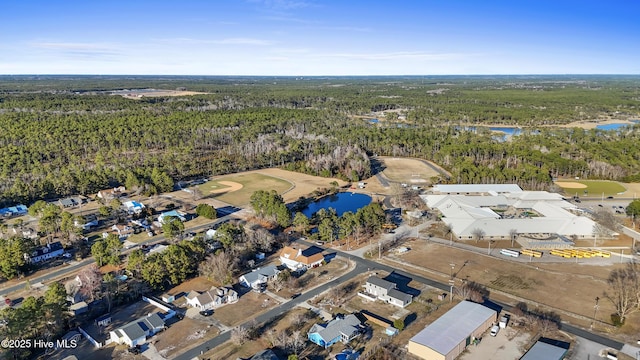 bird's eye view featuring a water view and a wooded view