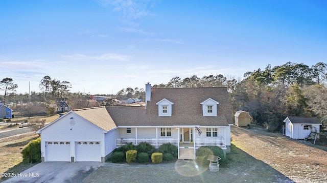 view of front of home with a chimney, a porch, an attached garage, a shed, and driveway