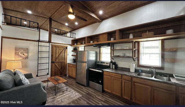 kitchen with dark countertops, wooden ceiling, appliances with stainless steel finishes, open shelves, and a sink