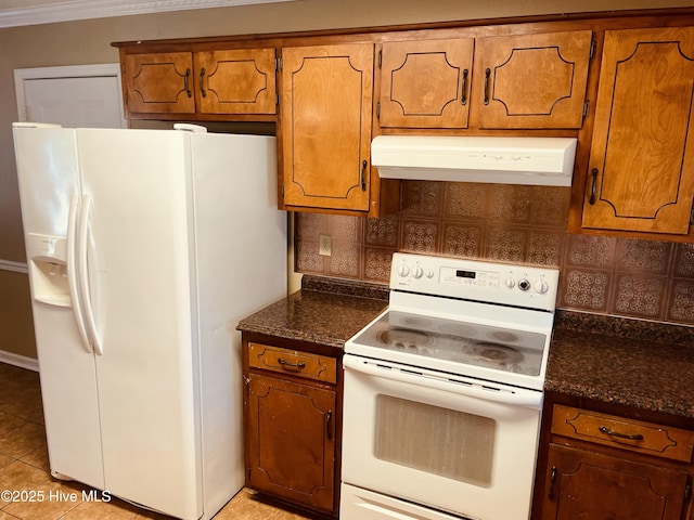 kitchen featuring brown cabinets, white appliances, ventilation hood, and backsplash