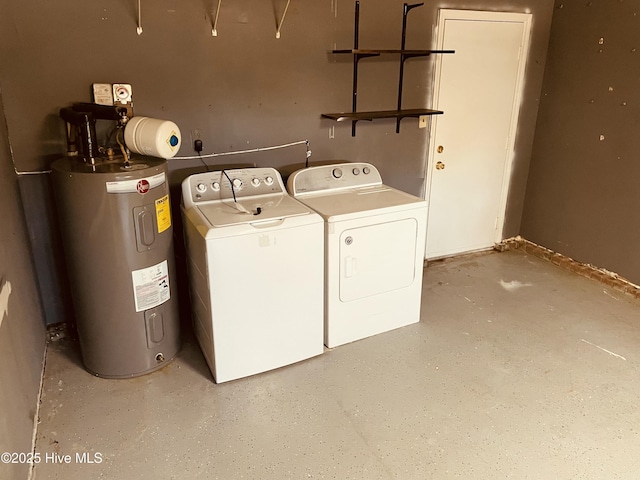 laundry room with washing machine and dryer, laundry area, and water heater