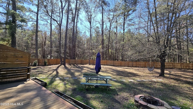 view of yard featuring an outdoor fire pit, a fenced backyard, and a view of trees