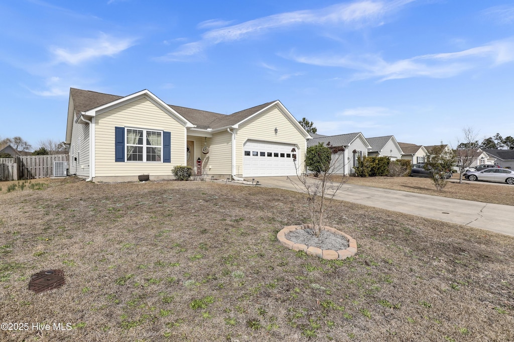 ranch-style house with an attached garage, central AC, driveway, and fence