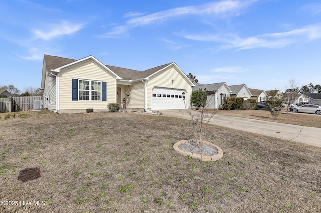 ranch-style house with an attached garage, central AC, driveway, and fence