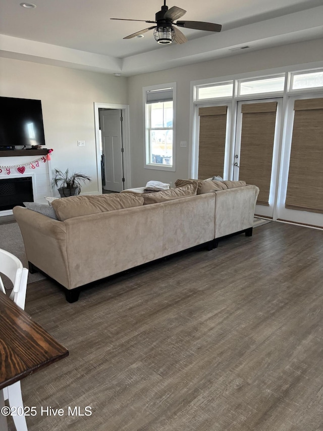 living room with a fireplace, a ceiling fan, and wood finished floors