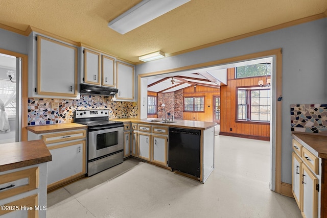 kitchen with black dishwasher, a sink, a peninsula, under cabinet range hood, and stainless steel electric range