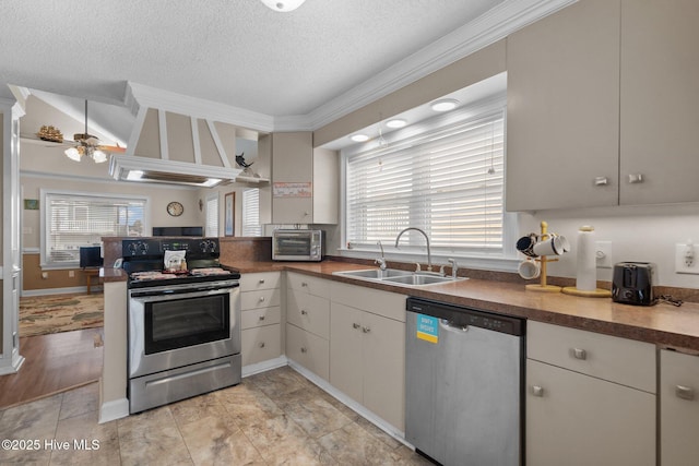 kitchen with premium range hood, a peninsula, a sink, appliances with stainless steel finishes, and crown molding