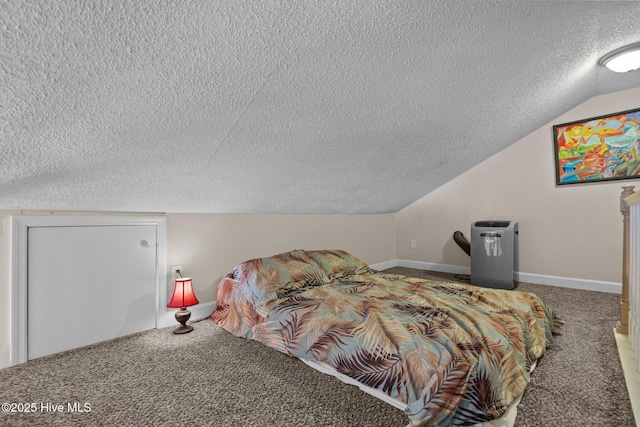 carpeted bedroom featuring a textured ceiling, baseboards, and vaulted ceiling