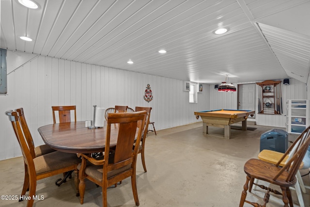 dining room featuring recessed lighting, concrete floors, and billiards