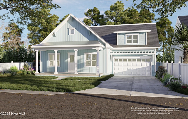 view of front facade with a front lawn, fence, board and batten siding, covered porch, and concrete driveway