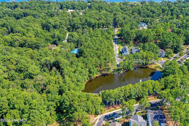 aerial view featuring a water view and a view of trees