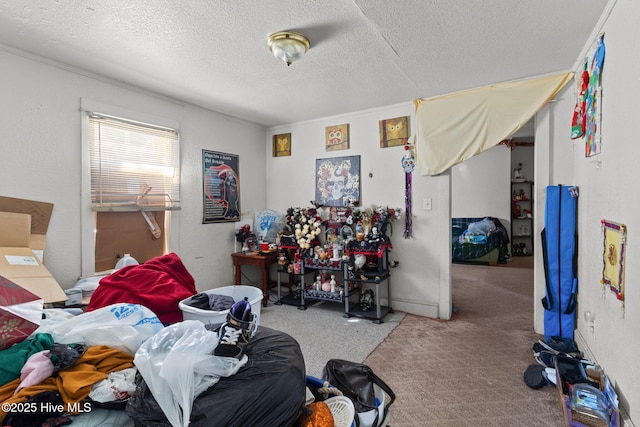 bedroom with carpet floors and a textured ceiling