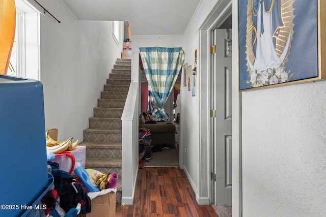 stairway featuring crown molding and wood finished floors