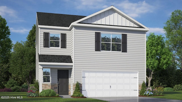 view of front of property with driveway, a garage, a shingled roof, stone siding, and board and batten siding