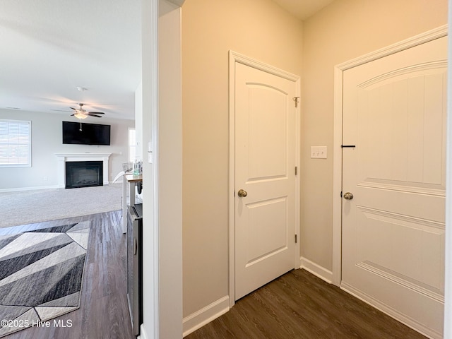 interior space featuring baseboards and dark wood-style flooring