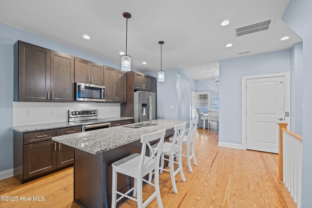 kitchen with stainless steel appliances, a sink, visible vents, and dark brown cabinetry