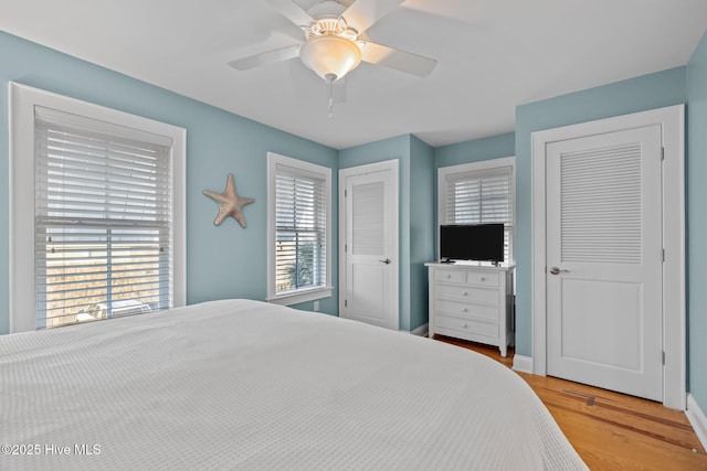 bedroom featuring a ceiling fan, wood finished floors, multiple windows, and two closets