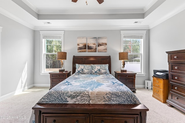 172 Everett Park Trl, Holly Ridge, NC 28445 - bedroom with light carpet, multiple windows, a tray ceiling, crown molding, and baseboards