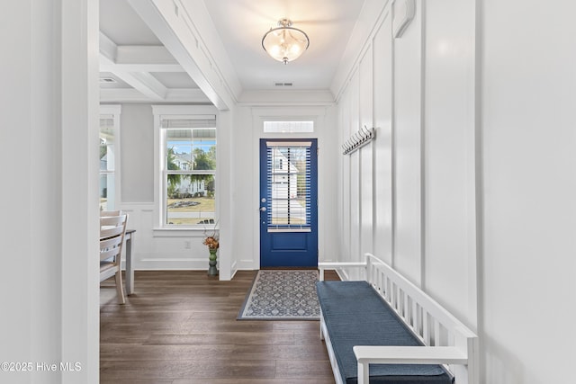 172 Everett Park Trl, Holly Ridge, NC 28445 - entryway with wood finished floors, beamed ceiling, ornamental molding, and baseboards