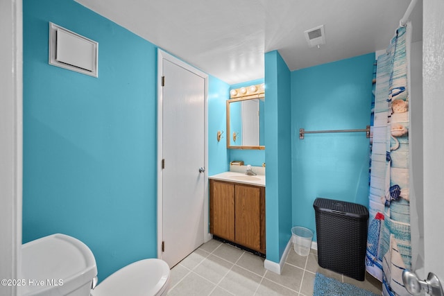 full bath with visible vents, toilet, a shower with curtain, tile patterned floors, and vanity