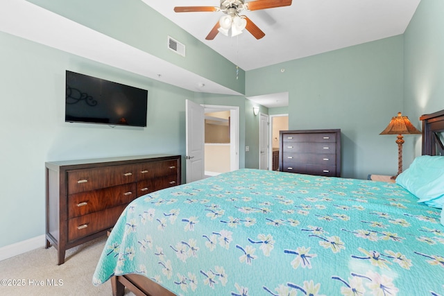 bedroom with a ceiling fan, carpet, visible vents, and baseboards