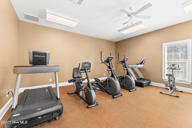 workout room with visible vents, ceiling fan, and baseboards