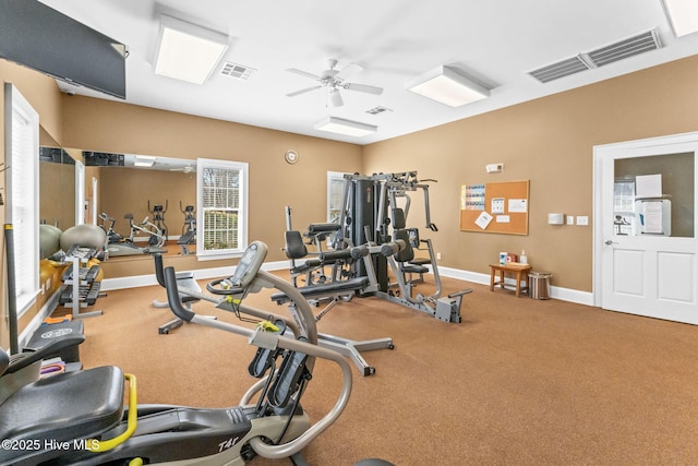 gym featuring a ceiling fan, visible vents, and baseboards