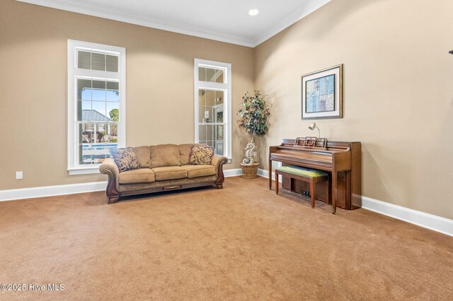 sitting room with carpet, crown molding, and baseboards