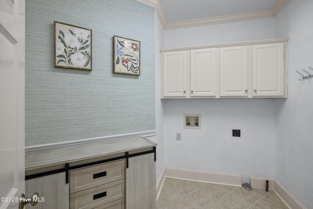 laundry area with light tile patterned flooring, hookup for an electric dryer, washer hookup, cabinet space, and crown molding