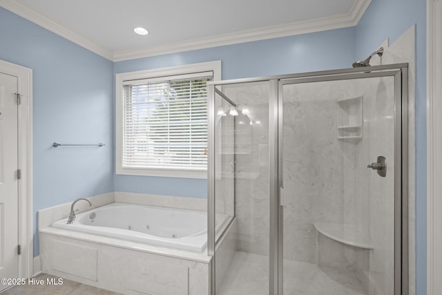 bathroom featuring a jetted tub, tile patterned flooring, a shower stall, and crown molding