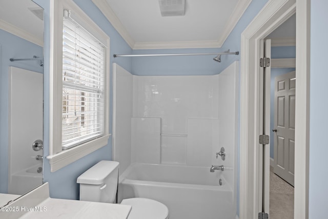 full bath featuring ornamental molding, plenty of natural light, and toilet