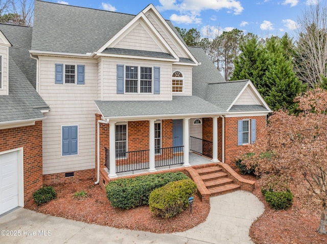 view of front of house with crawl space, a shingled roof, a porch, and brick siding