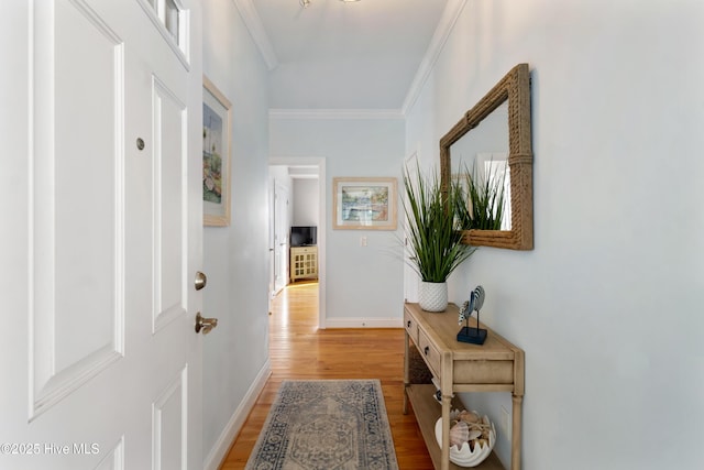 doorway to outside featuring ornamental molding, baseboards, and light wood finished floors