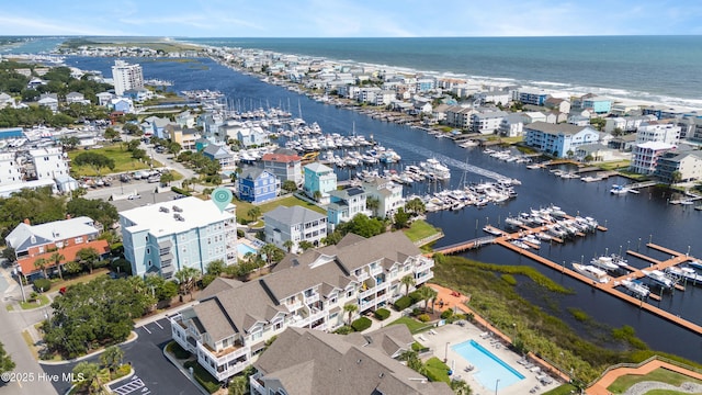 drone / aerial view featuring a water view