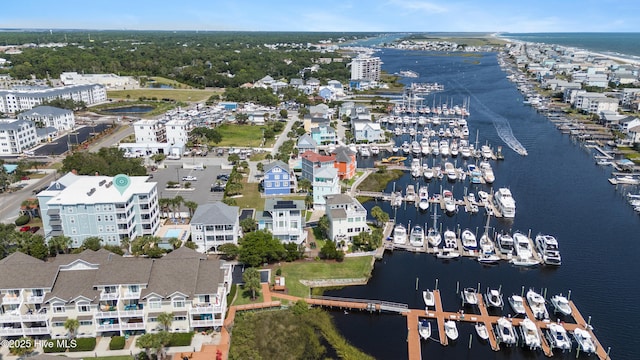 drone / aerial view with a water view