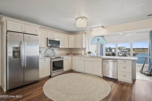 kitchen featuring light stone counters, stainless steel appliances, a peninsula, a sink, and dark wood-style floors