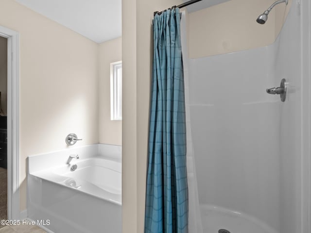 bathroom featuring a shower stall and a bath